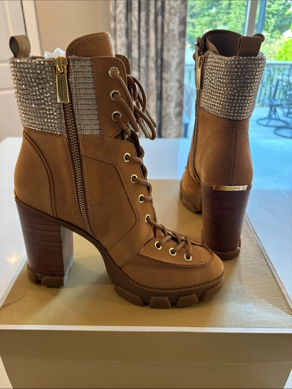 Michael Kors Tan Lace-Up Block Heel Boots with Jeweled Cuff